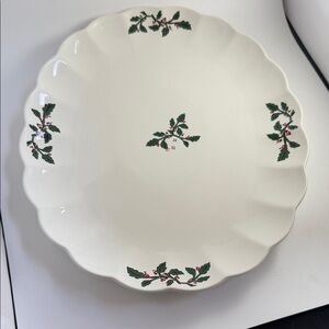 Threshold White Scalloped Serving platter with Green & Red Holly